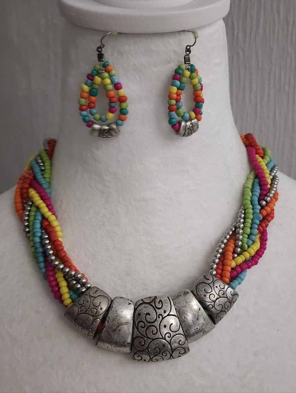 Just Jewelry Multicolor Beaded Necklace & Earring Set-Etched Silvertone Accents